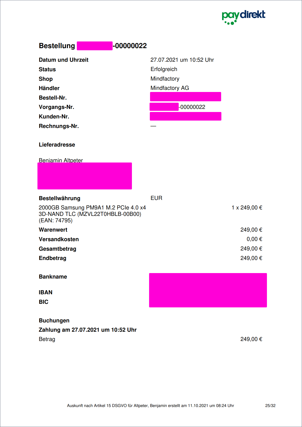 Auszug aus der Antwort von paydirekt auf die Auskunftsanfrage aus 2021, welche die Daten zu einer Bestellung zeigt. Zu sehen sind u.a. Datum und Uhrzeit, Shop und Händlerin, Bestell-, Vorgangs-, Kunden- und Rechnungsnummer, Lieferadresse, bestellte Artikel und Preise sowie Bankdaten.