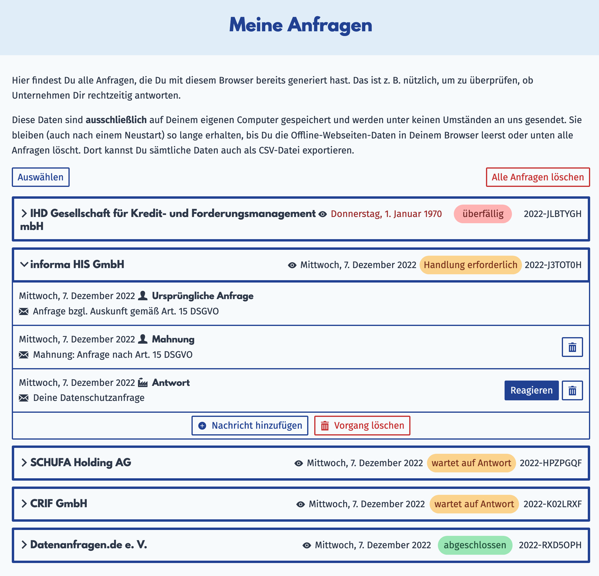 Screenshot der „Meine Anfragen“-Seite. Unter dem Erklärungstext stehen mehrere Vorgänge mit verschiedenen Status, wie etwa „wartet auf Antwort“, „überfällig“ und „abgeschlossen“. Ein Vorgang ist aufgeklappt und enthält zwei Nachrichten, eine von der Nutzer_in und eine des angefragten Unternehmens. Screenshot der „Meine Anfragen“-Seite. Unter dem Erklärungstext stehen mehrere Vorgänge mit verschiedenen Status, wie etwa „wartet auf Antwort“, „überfällig“ und „abgeschlossen“. Ein Vorgang ist aufgeklappt und enthält zwei Nachrichten, eine von der Nutzer_in und eine des angefragten Unternehmens.
