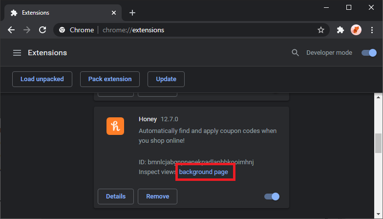 A list of installed Chrome extensions on the “chrome://extensions” page. “background page” next to Honey is framed in red.