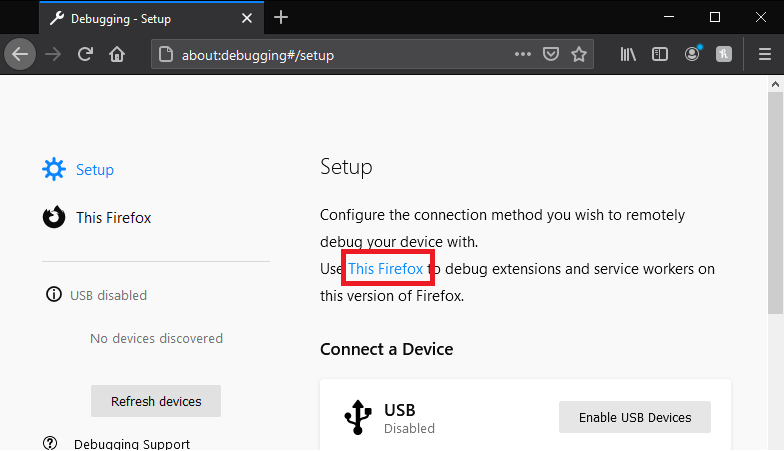 “This Firefox” on the “about:debugging” page is framed in red.