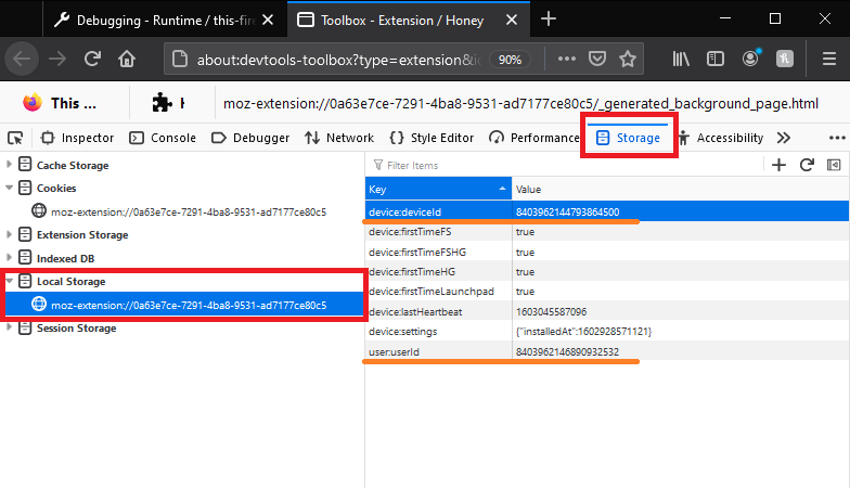 Honey’s toolbox tab is open. “Storage”, “Local Storage” and the deviceId and userId are highlighted.