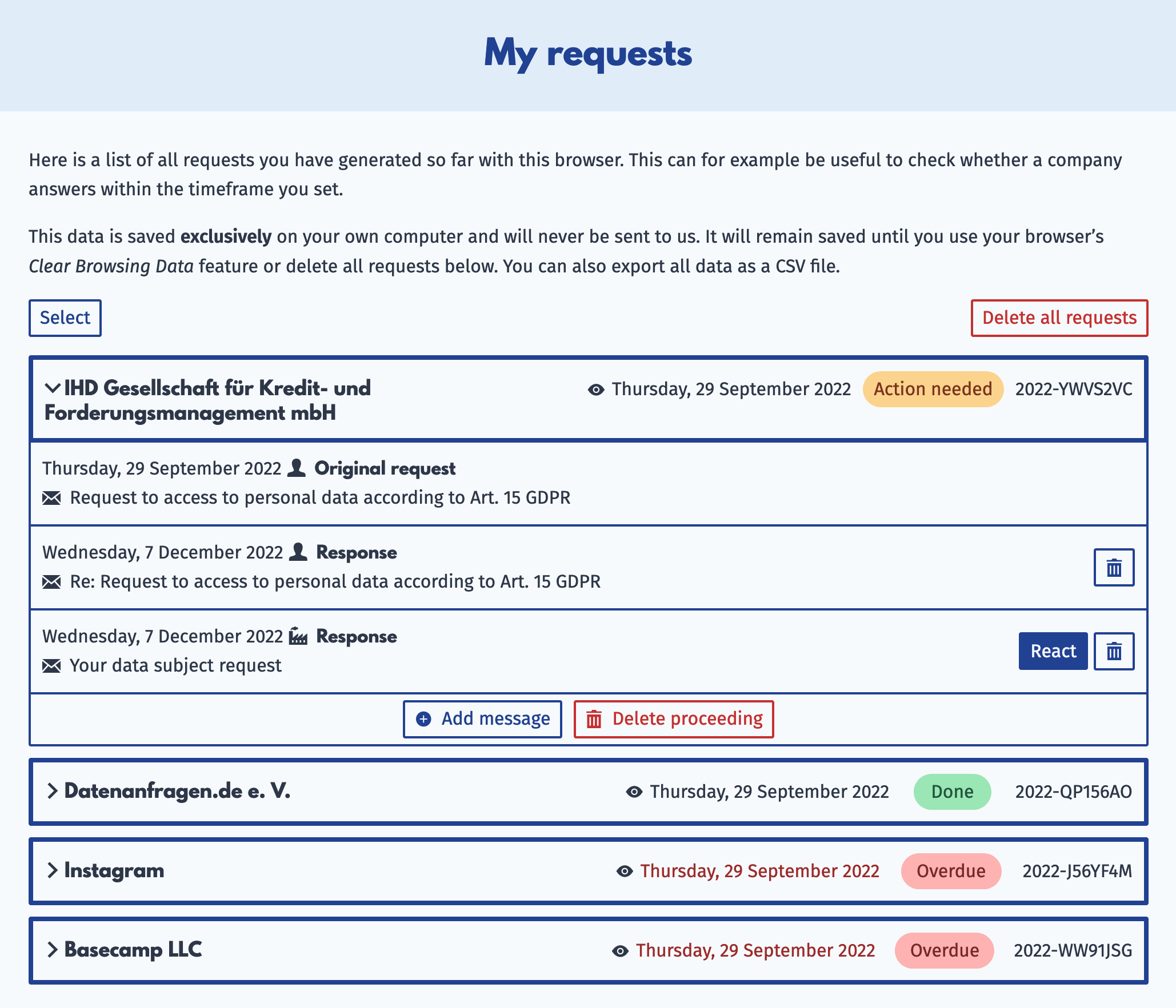 Screenshot of the “My requests” page. Under the explanation text, there are several requests with different states, such as “Action needed”, “Overdue” and “Done”. One request is expanded showing two messages, one from the user and one from the requested company. Screenshot of the “My requests” page. Under the explanation text, there are several requests with different states, such as “Action needed”, “Overdue” and “Done”. One request is expanded showing two messages, one from the user and one from the requested company.