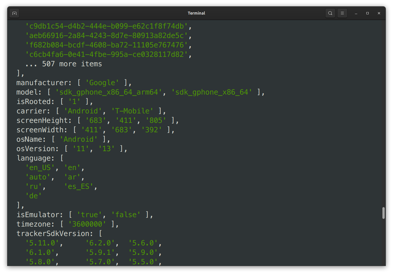 Screenshot of the debug script being run in a terminal. It shows properties (manfacturer, model, isRooted, carrier, screenHeight, etc.) being matched to values. For example, the values for osVersion are 11 and 13, for isEmulator: true and false, for timezone: 3600000.