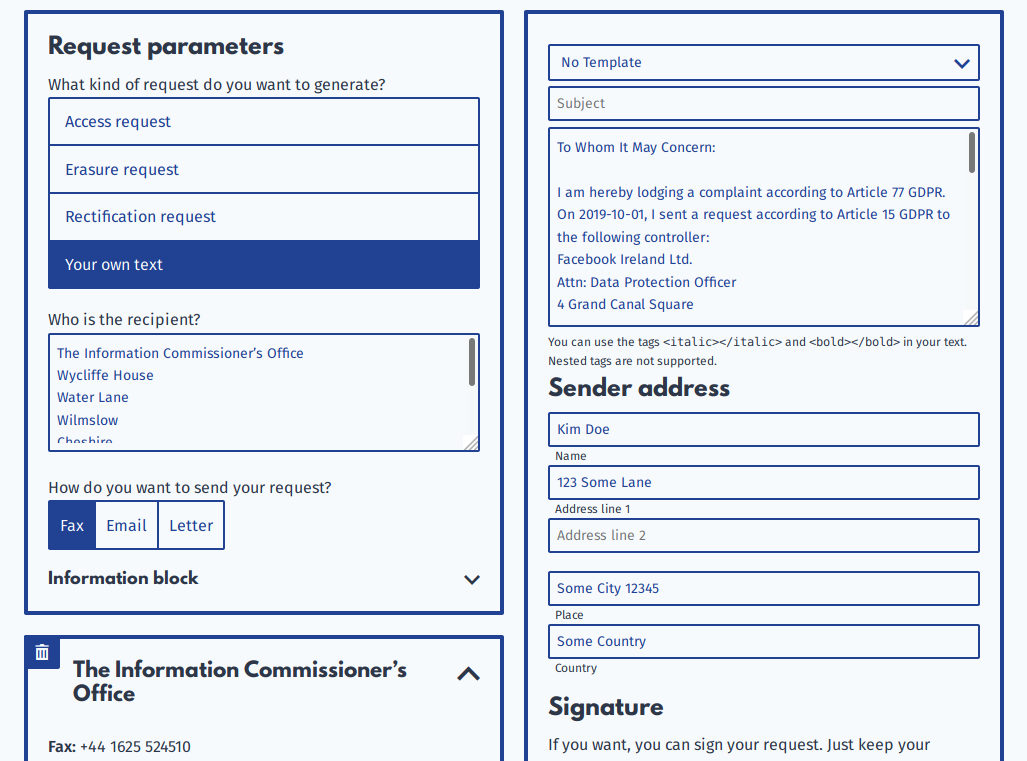 Screenshot of the datarequests.org request generator. A complaint to the Information Commissioner's Office about Facebook Ireland Ltd. is being prepared.